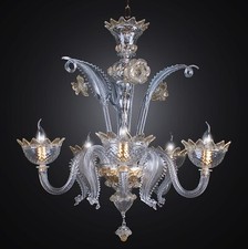 LAMPADARIO MURANO ORIGINALE Lavorato Veneziano 5 LUCI TRASPARENTE E ORO