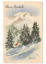 1951 S.Bonelli cartolina Buon Natale paesaggio di montagna neve abeti baite