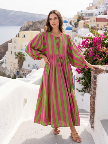 Pink green striped cotton - striped, maxi