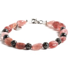 Bracciale pietre naturali quarzo rosa e lava vulcanica nera acciaio donna | Desj