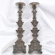 ANTICA COPPIA DI CANDELIERI IN LEGNO E LAMINA DI BRONZO SBALZATA 1700 XVIII sec