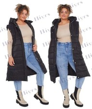 WOMENS GILET JACKET HOODED LONG LINE PUFFER BLACK PADDED TOP BODY WARMER 8-26