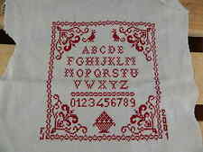  PREZIOSO ORIGINALE IMPARATICCIO SAMPLER RICAMO PUNTO CROCE ROSSO TELA BIANCA 