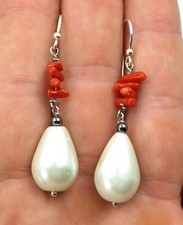 Orecchini  di Argento 925 Perla Naturale e corallo Rosso con pendenti