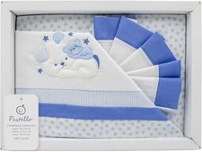PASTELLO COMPLETO LENZUOLA CARROZZINA NEONATO RICAMATO COTONE CAGNOLINO AZZURRO