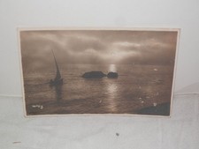 Vecchia cartolina foto d epoca di TRAMONTO MARE 1922 BARCA VELA LUNA paesaggio