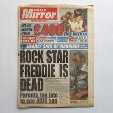 Queen Rock Star Freddie Mercury Is Dead 1991 UK Daily Mirror Newspaper 25.11.91