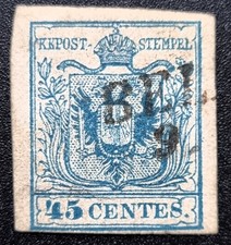 ASI 1855 Lombardo Veneto 45c azzurro III tipo usato Sass. 12  f.to Cardillo