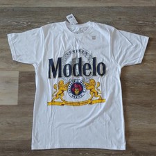 T-shirt uomo grafica Modelo Beer bianca nuova con etichetta taglia S