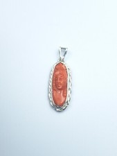 ciondolo Cameo corallo Antico ROSA  Naturale e Argento 925 ORO BIANCO Pendente 