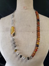 collana gioiello pietre preziose vintage * AGATA ARANCIONE, STRISCE VERDI E ARGENTO TIBETANO