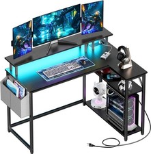 Scrivania a Forma di L con Luci Led e Presa di Alimentazione 118CM Scrivania Gaming Angolare per Piccola S