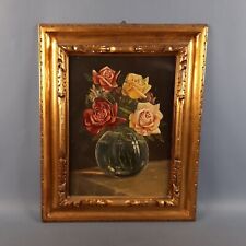Quadro Dipinto Olio Su Tavola Vaso Con Fiori Cornice Legno Dorato XX Sec.