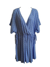 Abito M&S blu bianco a pois aderente e svasato taglia 18, lungo 36", viscosa leggera