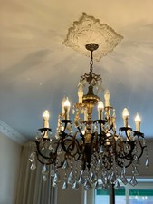 lampadario cristallo  in ottone e gocce di cristallo di Boemia anni '40