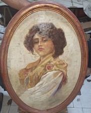 Dipinto Ad Olio Antico Ovale Di Donna