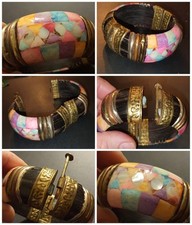 Bracciale VINTAGE '70❗️rigido OSSO❗OTTONE❗MADREPERLA❗perno cerniera ARTIGIANALE❗
