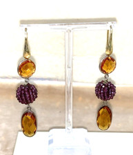 ORECCHINI PENDENTI ARGENTO925 PL ORO QUARZO SFACCETTATO,MORA DI AMETISTA, CM 7,5