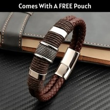 Bracciale Uomo PU Pelle Marrone Braccialetto Multistrato Intrecciato Acciaio Inox UK