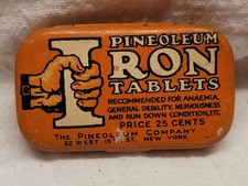 Rare Empty Pinoleum Iron Tablets Hinged Tin Colorful Great Graphics 
