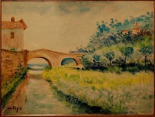 RIVIERA LIGURE PAESAGGIO PONTE FOGLIA CARLO DIPINTO ORIGINALE OLIO TAVOLA 40X30