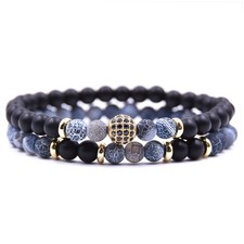 MARMORIZZATO DOPPIO BRACCIALE DONNA UOMO BLU AGATA 6MM ONICE 8MM PERLINA vq