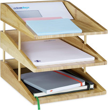 Vaschetta Portadocumenti Bambù, 3 Ripiani, Impilabili, A4 per Ufficio & Scrivani