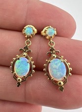 Orecchini pendenti antichi vittoriani etruschi oro giallo 14 kt opale di fuoco australiano