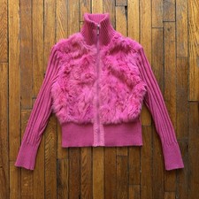 Jennyfer J rosa pelliccia di coniglio a costine manica lunga crop giacca donna grande Barbie pop