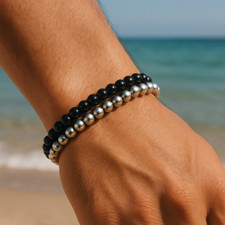 Set Bracciali 2 Pezzi Acciaio inox Argento Perle Nero bracciale da Uomo e Donna