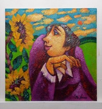 Quadro Dipinto Paesaggio Figura Girasoli Olio Tavola Cm40x40