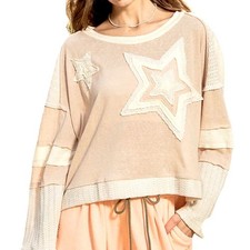 Top POL Star patchwork maglia cropped manica lunga in avorio e beige, taglia large