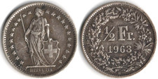 Svizzera ½ franc, 1963 - ARGENTO 2,5 g.