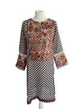 NL PRET ABITO TUNICA KURTI DONNA ROSA A QUADRI IN COTONE RICAMATO. UK 8, EU 36.