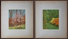 2 Cromolitografie 1960ca paesaggio autunno primavera Cesarino Monti Brescia