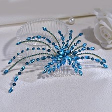 Elegant Crystal Hair Comb, Blue Rhinestones and Beads, Bridal Hair Accessorie...