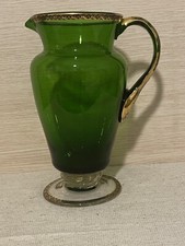 Vintage Brocca in Vetro soffiato Verde con decori dorati,25 cm.Anni 50.Ottima
