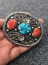  Fibbia per cintura nativi americani Navajo Atza argento sterling turchese corallo