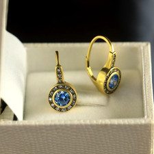 Orecchini a Monachella Dorato Antico Arte Deco Tondo Cz Blu Sottile SA3