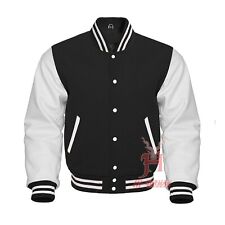 Baseball Varsity Letterman in lana nera e maniche in vera pelle bianca