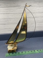 MCM Large 18" Vintage Signed Jay Brass Catamaran Sailboat on Stone Base