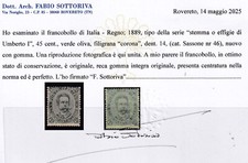 V080 REGNO D’ITALIA – 45 c. n. 46, decentrato. Cert. Sottoriva – MNH**