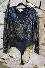 H&M Black Sequin Wrap Front Deep V Neckline Long Sleeve Body Small New Unworn