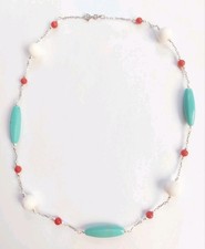 Collana in argento 925 con corallo bambu rosso e bianco e pasta di turchese 