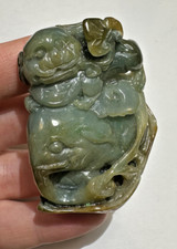 Amuleto Elefante Guardiano Leone Fu In Giada Verde Nephrite Intagliato 58G