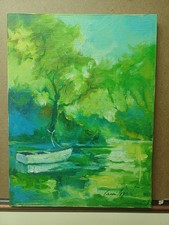 CAMILLO FAIT OLIO SU TELA LA BARCA BIANCA PAESAGGIO CON AUTENTICA MOSTRA 30x40CM
