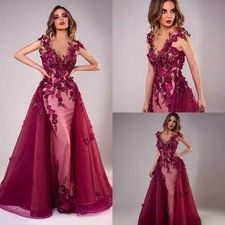 Abiti da sera a sirena perline di lusso staccabili treno pizzo applique senza maniche 