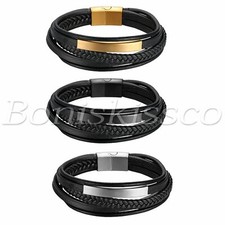 Bracciale Uomo Pelle Intrecciata Acciaio Inox Multistrato Braccialetto Senza Incisione