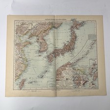 Stieler Hand-Atlas 1908 Japan Korea Ost-China Manciuria Taiwan mappa originale