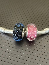 Set 2 nuovi ciondoli Pandora ondulati fantasia rosa, ondulati blu scuro oceano vetro di Murano